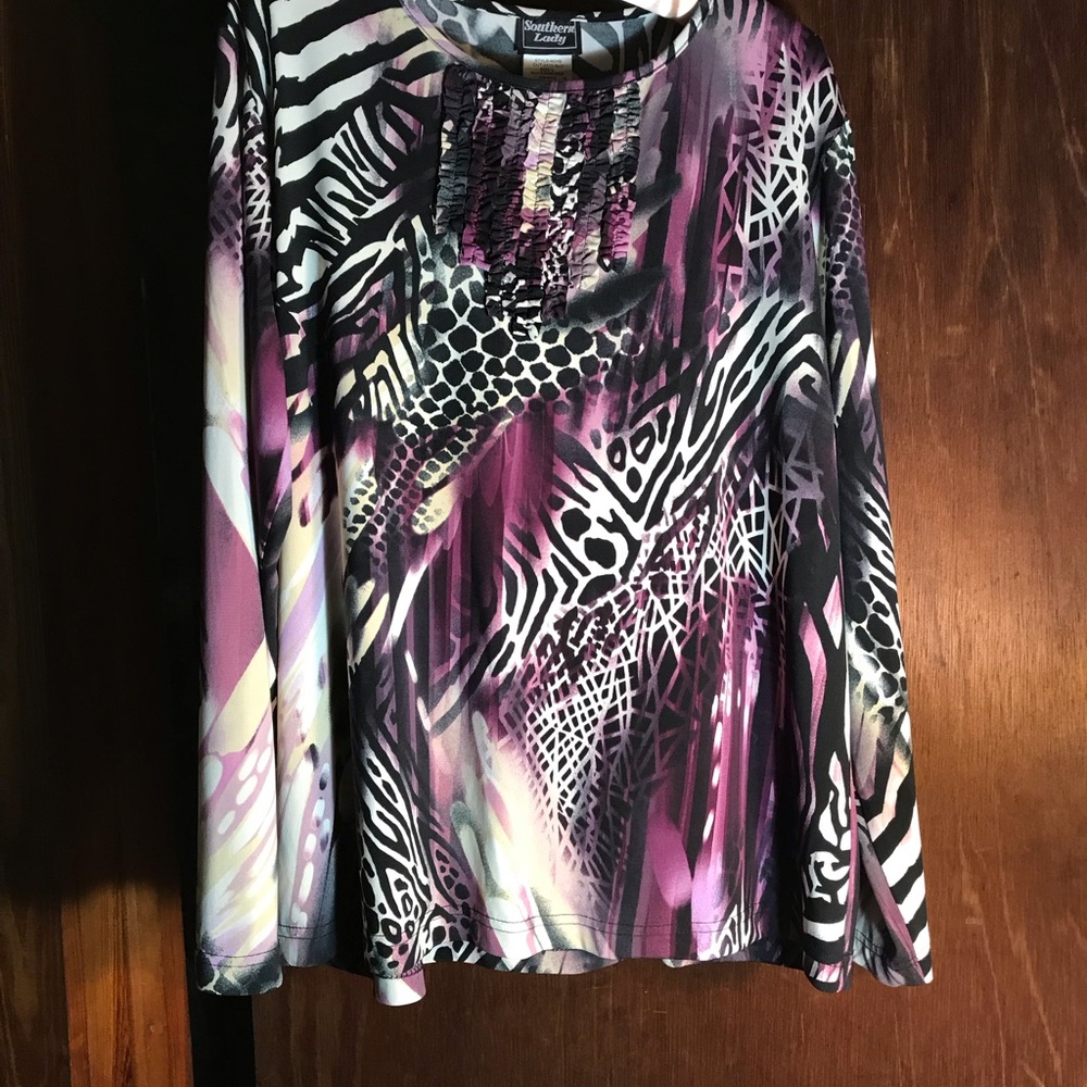 Southern Lady Animal Print Blouse w Ruffled Neck Accent